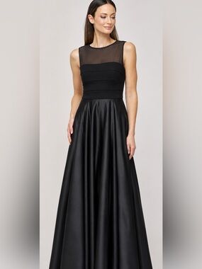 JS Collections Black Formal Dress with Illusion Mesh Bodice & Full Satin Skirt